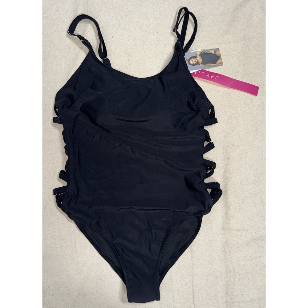 NWT BE WICKED Black Sz XL Cutout SIDES O-RINGS Cheeky One Piece Swimsuit Bathing